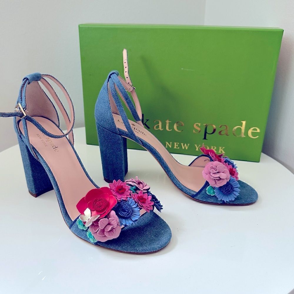 ⭕️ KATE SPADE Obelie Heels Sandals Denim Flowers Blue